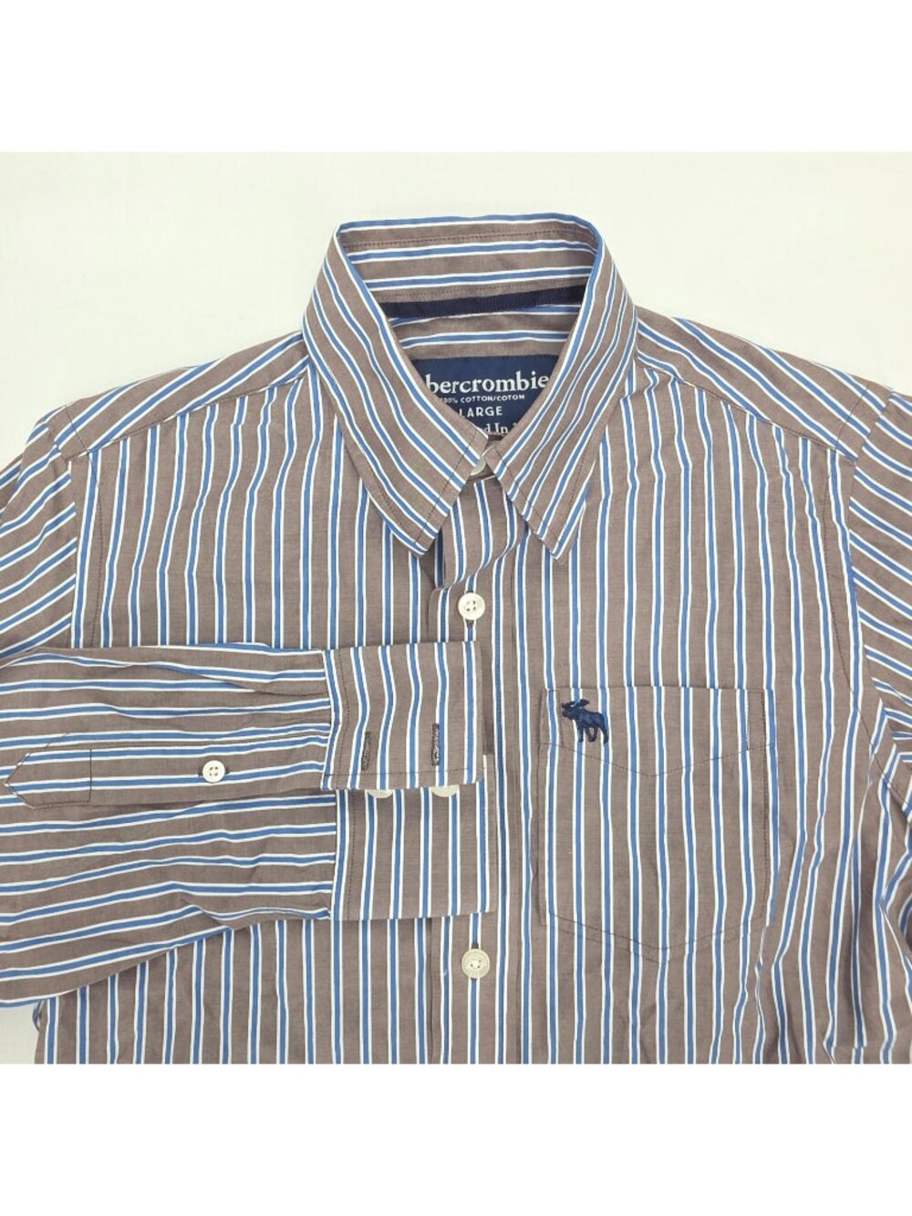Abercrombie Button Shirt Boys Youth Large Gray Blue Pocket Striped Casual Preppy